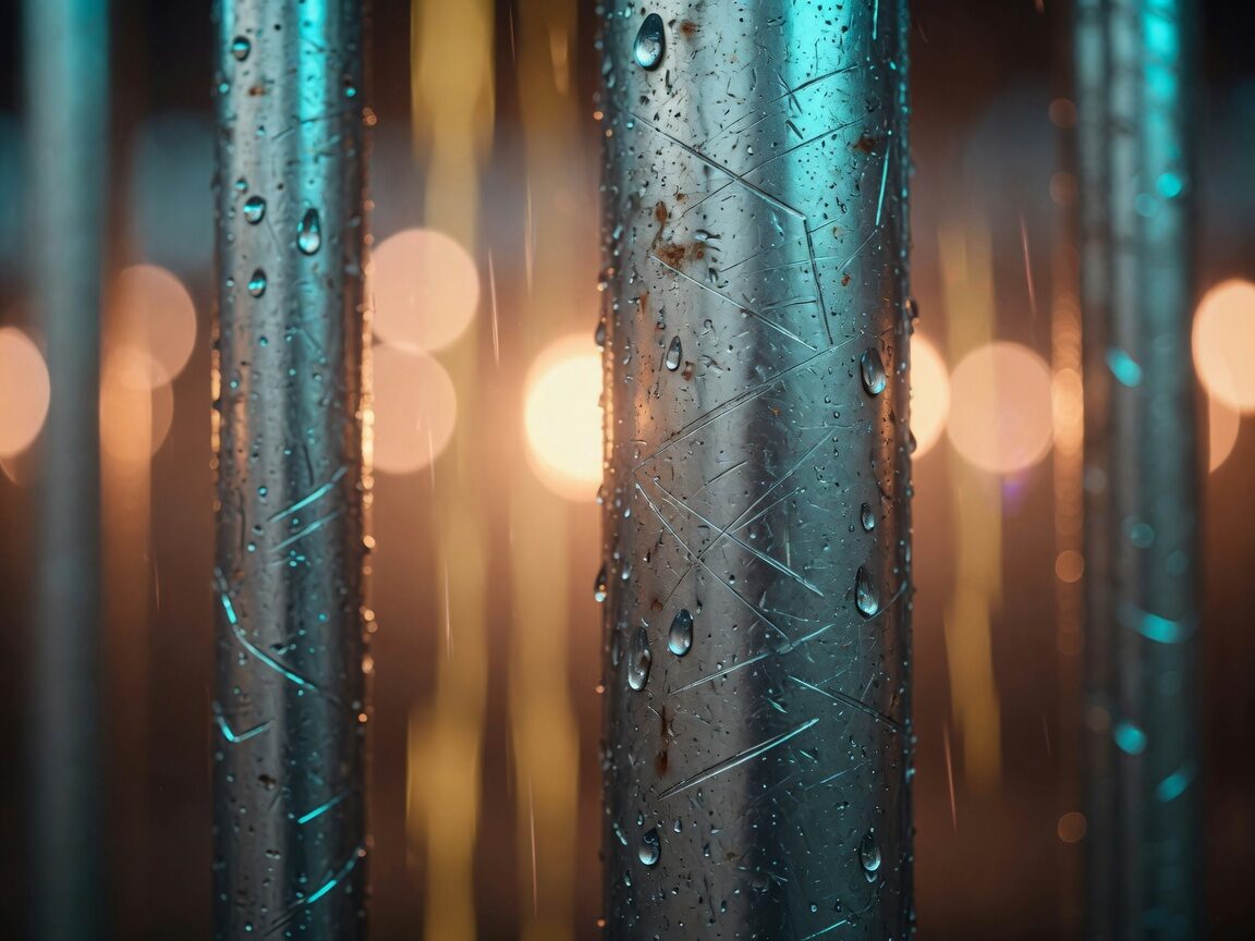 Close-up of wet steel bars with cyan rim light and amber bokeh behind them.
