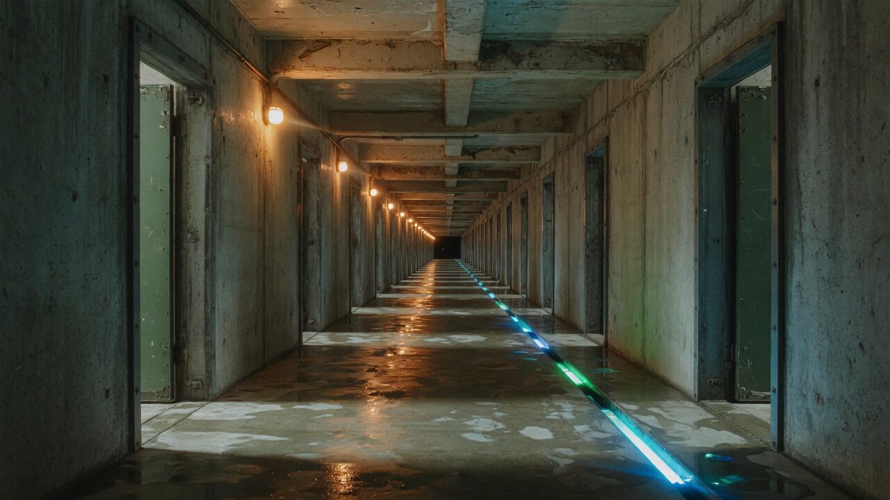 Endless brutalist corridor at night, amber bulbs and a cyan floor line vanishing into dark.
