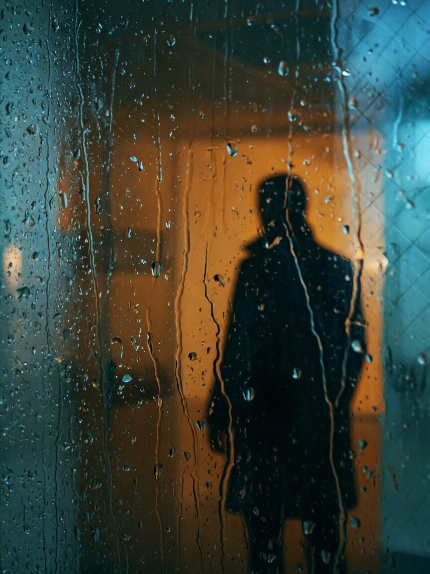 Silhouette of a figure behind rain-streaked security glass, amber interior light and cyan exterior glow.