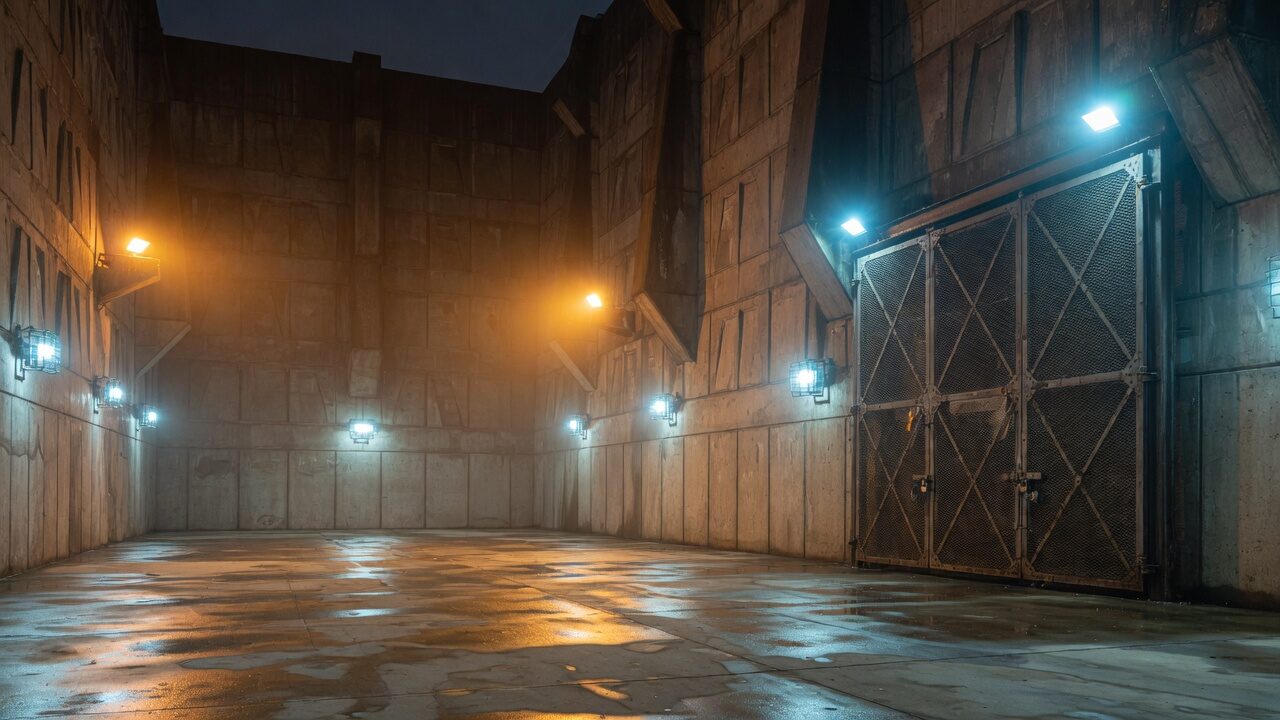 Night courtyard of monumental concrete walls, a steel mesh gate, amber floodlights and cyan security lamps on wet pavement.