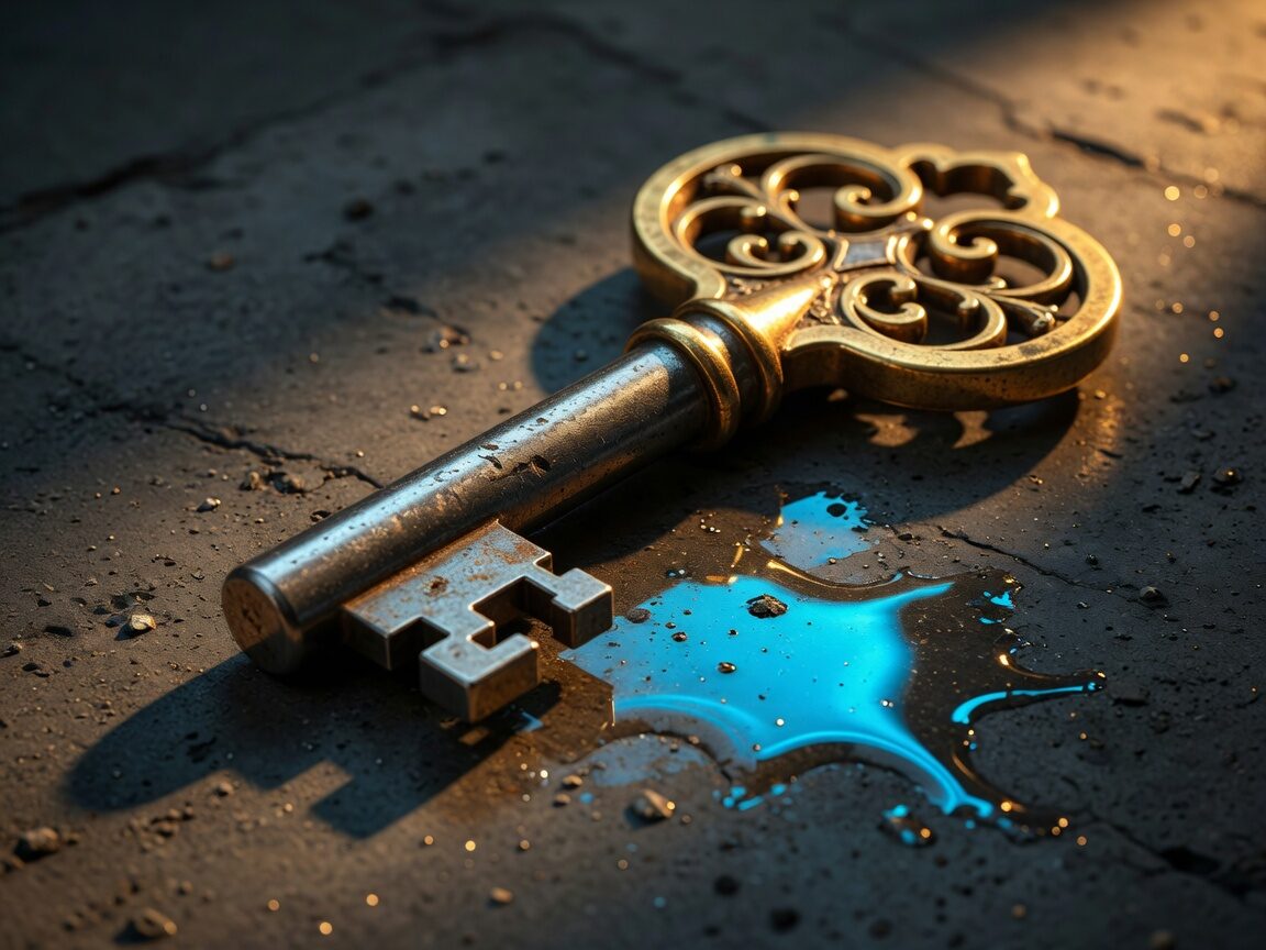 Heavy brass and steel key on cracked concrete beside a small cyan puddle.