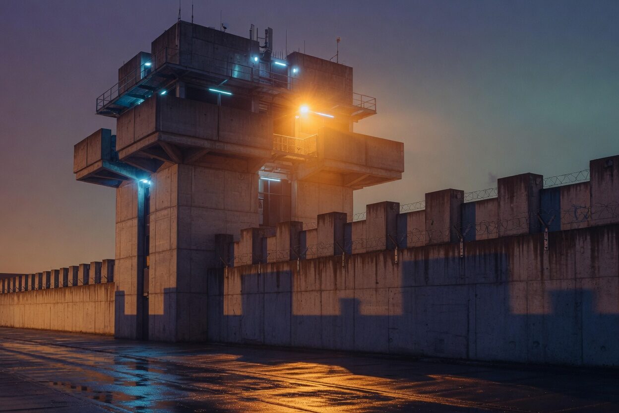 Concrete watchtower and wall at dusk, amber floodlight and cyan accents on wet ground.